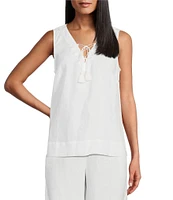 Tommy Bahama Coastalina Solid Linen Plain Weave V-Neck Sleeveless Tassel Tie Tank
