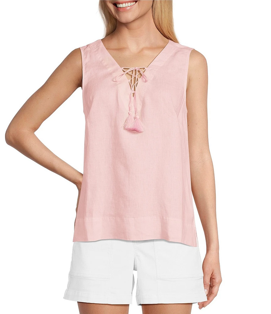 Tommy Bahama Coastalina Solid Linen Plain Weave V-Neck Sleeveless Tassel Tie Tank