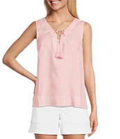 Tommy Bahama Coastalina Solid Linen Plain Weave V-Neck Sleeveless Tassel Tie Tank