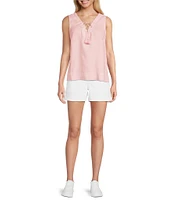 Tommy Bahama Coastalina Solid Linen Plain Weave V-Neck Sleeveless Tassel Tie Tank