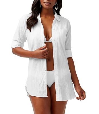 Tommy Bahama Crinkle Cotton Point Collar Long Roll-Tab Sleeve Boyfriend Swim Cover Up Shirt