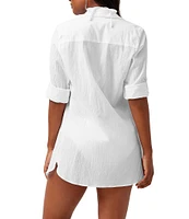 Tommy Bahama Crinkle Cotton Point Collar Long Roll-Tab Sleeve Boyfriend Swim Cover Up Shirt