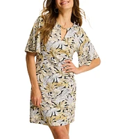 Tommy Bahama Darcy Grand Canal Tencel Etched Frond Print Chain Neck Flutter Short Sleeve A-Line Dress