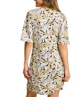 Tommy Bahama Darcy Grand Canal Tencel Etched Frond Print Chain Neck Flutter Short Sleeve A-Line Dress