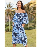 Tommy Bahama Floral Print Gauze Off-The-Shoulder 3/4 Sleeve Side Pocket Belted Dress