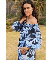 Tommy Bahama Floral Print Gauze Off-The-Shoulder 3/4 Sleeve Side Pocket Belted Dress