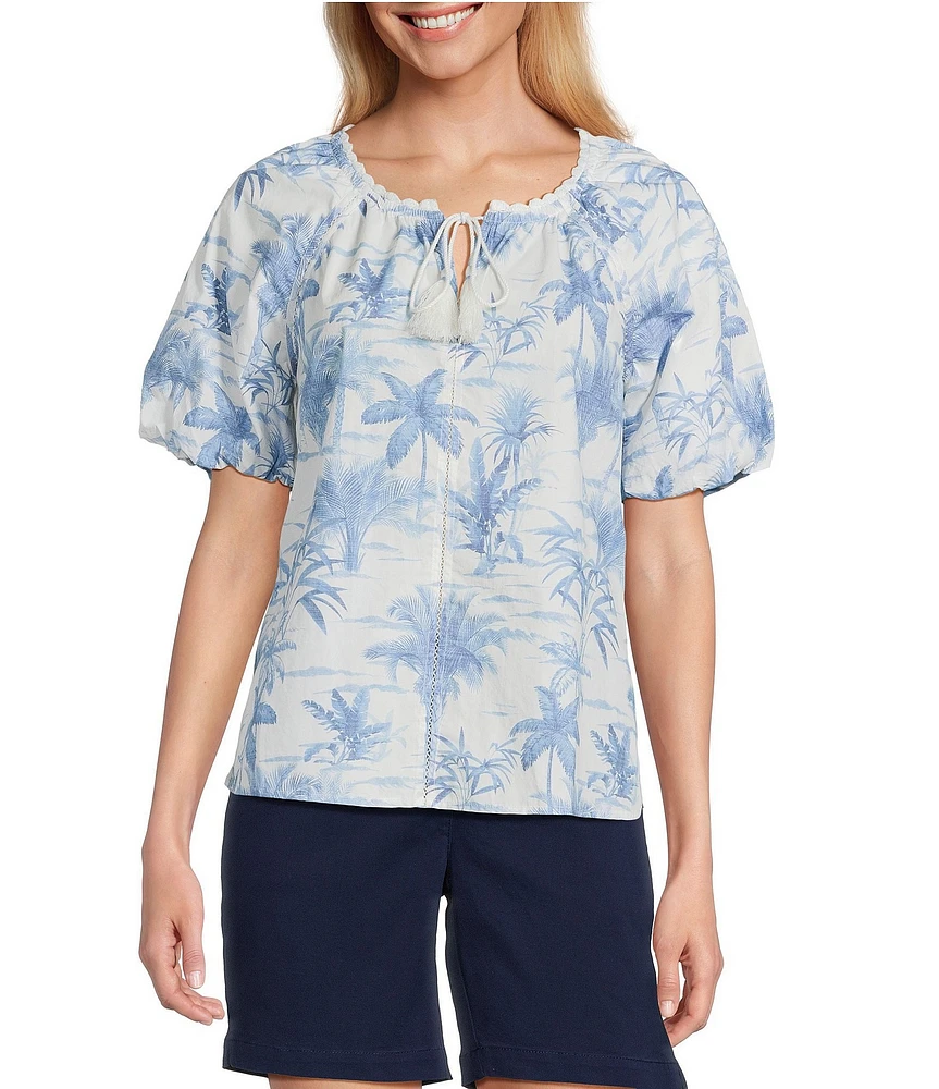Tommy Bahama Fortuna Fronds Poplin Tassel Short Sleeve Top