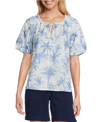 Tommy Bahama Fortuna Fronds Poplin Tassel Short Sleeve Top