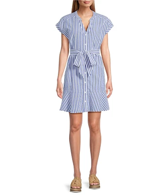 Tommy Bahama Frond Harbor Seersucker V-Neck Short Sleeve Flounce Shirtdress
