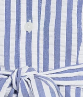 Tommy Bahama Frond Harbor Seersucker V-Neck Short Sleeve Flounce Shirtdress