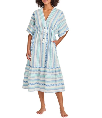 Tommy Bahama Geo Jacquard Stripe Print V-Neck Dolman Sleeve Midi Dress Swim Cover-Up