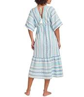 Tommy Bahama Geo Jacquard Stripe Print V-Neck Dolman Sleeve Midi Dress Swim Cover-Up