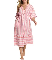 Tommy Bahama Geo Jacquard Stripe Print V-Neck Dolman Sleeve Midi Dress Swim Cover-Up
