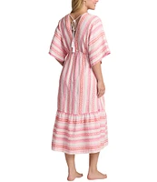 Tommy Bahama Geo Jacquard Stripe Print V-Neck Dolman Sleeve Midi Dress Swim Cover-Up