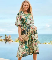 Tommy Bahama Hightide Floral Print Woven Long Sleeve Button Front Midi Shirt Dress