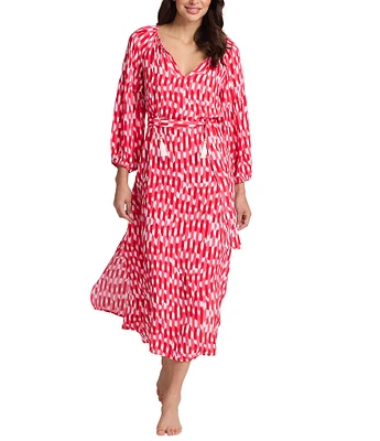 Tommy Bahama Ikat Stripe V-Neck 3/4 Sleeves Midi Dress Swim Cover-Up