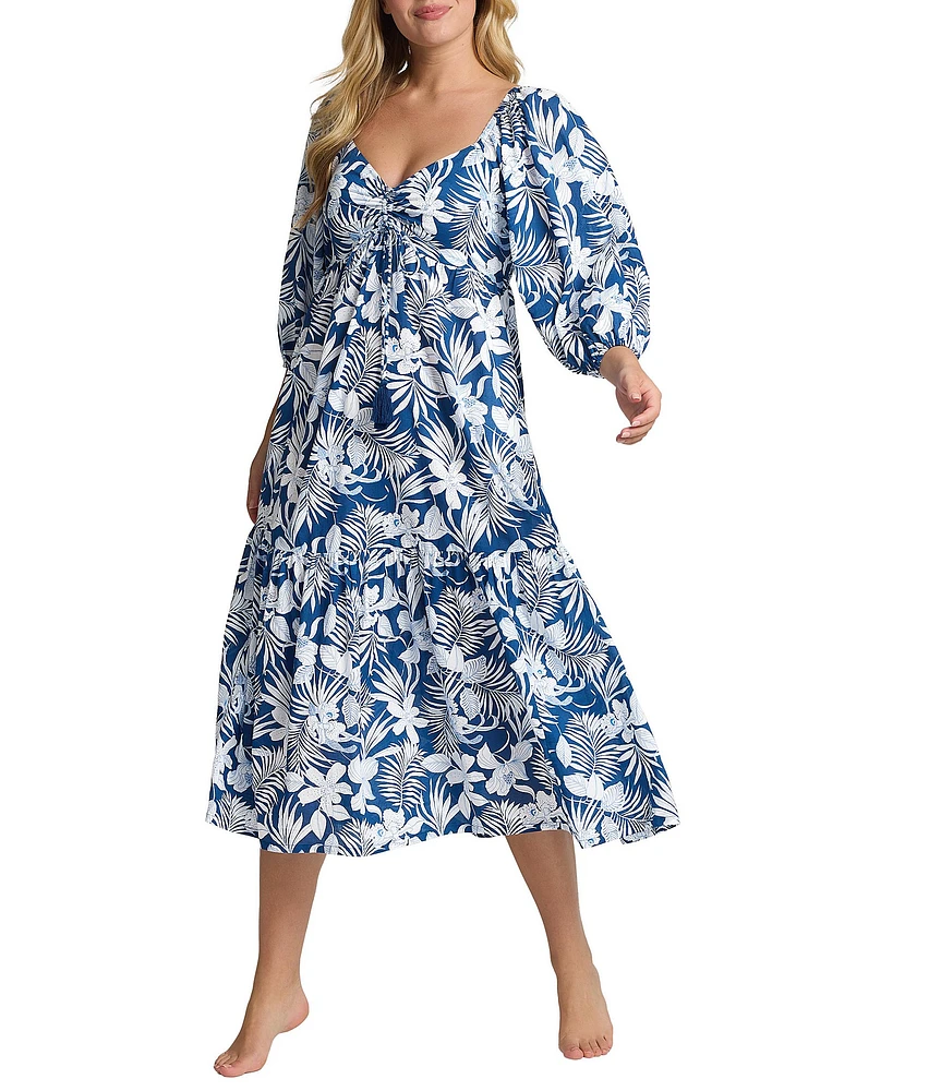 Tommy Bahama Island Cays Blooms Floral Print Sweetheart Neck Blouson Sleeve Tiered Midi Dress Swim Cover-Up