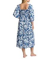 Tommy Bahama Island Cays Blooms Floral Print Sweetheart Neck Blouson Sleeve Tiered Midi Dress Swim Cover-Up