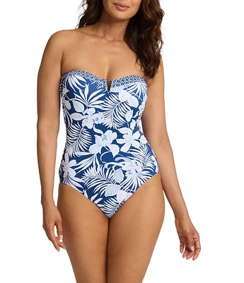 Tommy Bahama Island Cays Blooms Floral Print Sweetheart V-Wire Strapless Tummy Control One Piece Swimsuit