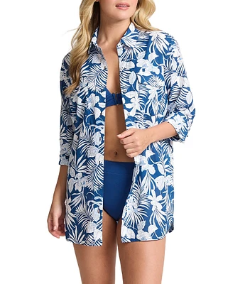 Tommy Bahama Island Cays Blooms Tropical Print Long Sleeve Button Front Shirt Dress Swim Cover-Up