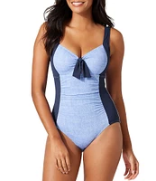 Tommy Bahama Island Cays Color Block Tie Front Tummy Control Tank One Piece Swimsuit