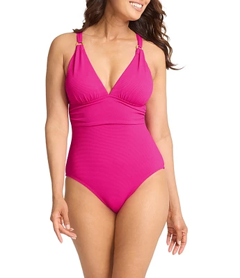 Tommy Bahama Island Cays Solid Texture V-Neck Tummy Control One Piece Swimsuit