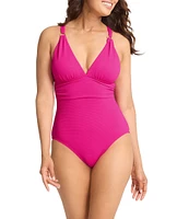 Tommy Bahama Island Cays Solid Texture V-Neck Tummy Control One Piece Swimsuit