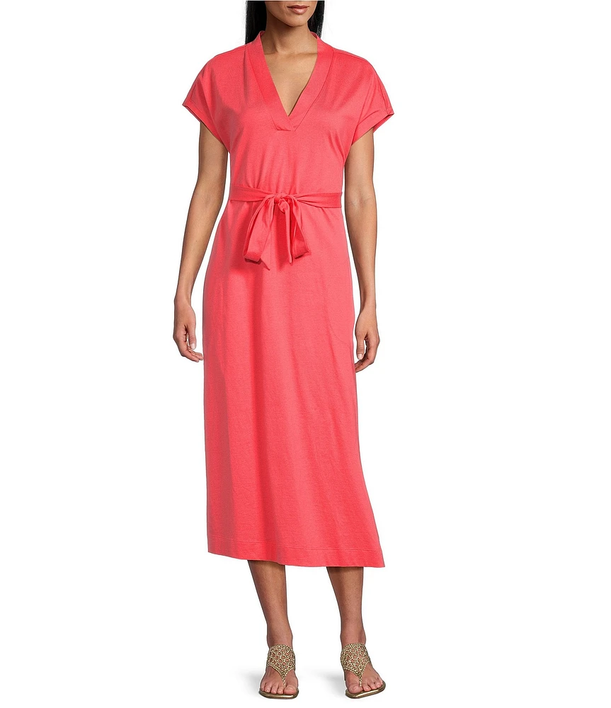 Tommy Bahama Islandscape Jersey V-Neck Short Sleeve Self-Belted Midi Dress