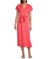 Tommy Bahama Islandscape Jersey V-Neck Short Sleeve Self-Belted Midi Dress