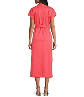 Tommy Bahama Islandscape Jersey V-Neck Short Sleeve Self-Belted Midi Dress