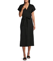 Tommy Bahama Islandscape Jersey V-Neck Short Sleeve Self-Belted Midi Dress