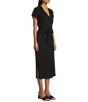 Tommy Bahama Islandscape Jersey V-Neck Short Sleeve Self-Belted Midi Dress