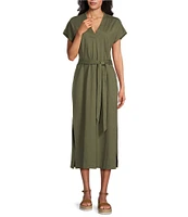 Tommy Bahama Islandscape Jersey V-Neck Short Sleeve Self-Belted Midi Dress