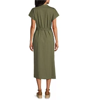 Tommy Bahama Islandscape Jersey V-Neck Short Sleeve Self-Belted Midi Dress