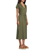 Tommy Bahama Islandscape Jersey V-Neck Short Sleeve Self-Belted Midi Dress