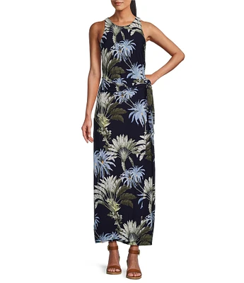 Tommy Bahama Jasmina Palisade Palms Matte Jersey Crew Neck Sleeveless Maxi Sheath Dress