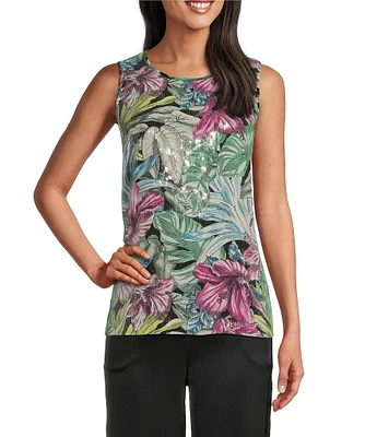 Tommy Bahama Jungle Jewels Georgette Sequin-Embellished Tropical Print Round Neck Sleeveless Top