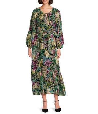 Tommy Bahama Jungle Jewels Tropical Print Metallic Split V-Neck Long Balloon Sleeve Tiered Hem Maxi Dress