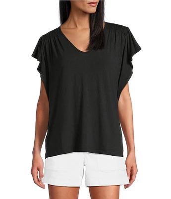 Tommy Bahama Kauai Solid V-Neck Short Flutter Sleeve Smocked Stretch Jersey Top