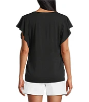 Tommy Bahama Kauai Solid V-Neck Short Flutter Sleeve Smocked Stretch Jersey Top