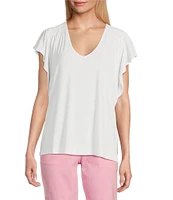 Tommy Bahama Kauai Solid V-Neck Short Flutter Sleeve Smocked Stretch Jersey Top