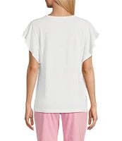 Tommy Bahama Kauai Solid V-Neck Short Flutter Sleeve Smocked Stretch Jersey Top