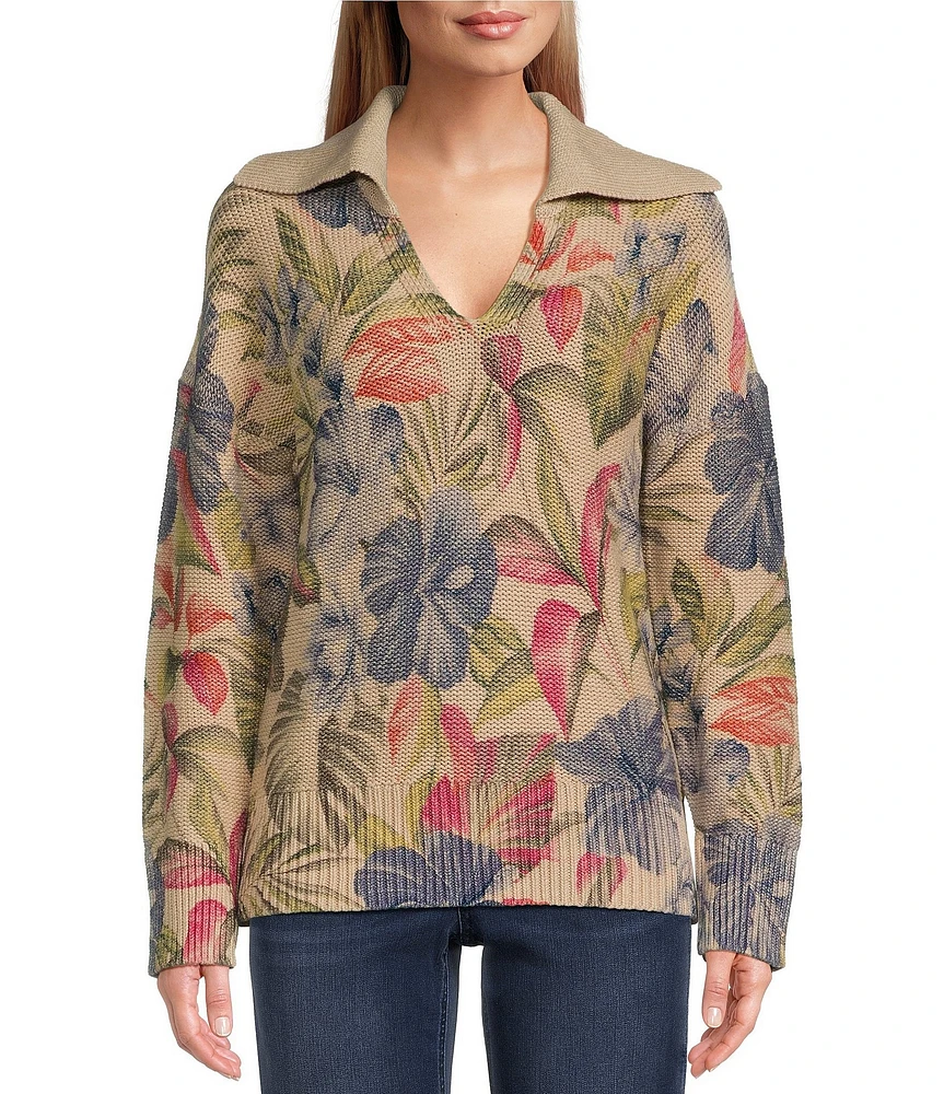 Tommy Bahama La Botanica Knit Tropical Print Johnny Collar Long Sleeve Sweater