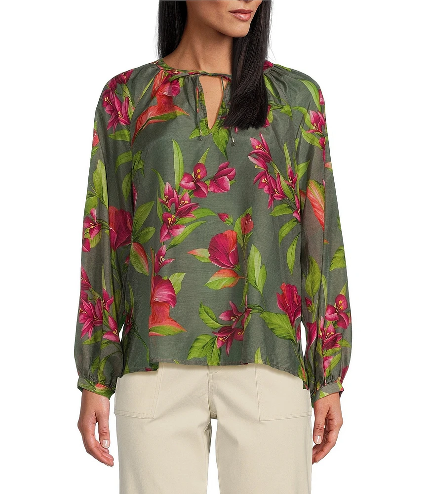 Tommy Bahama Lavishbloom Amar Long Sleeve Split V Neck With Tie Blouse