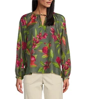 Tommy Bahama Lavishbloom Amar Long Sleeve Split V Neck With Tie Blouse