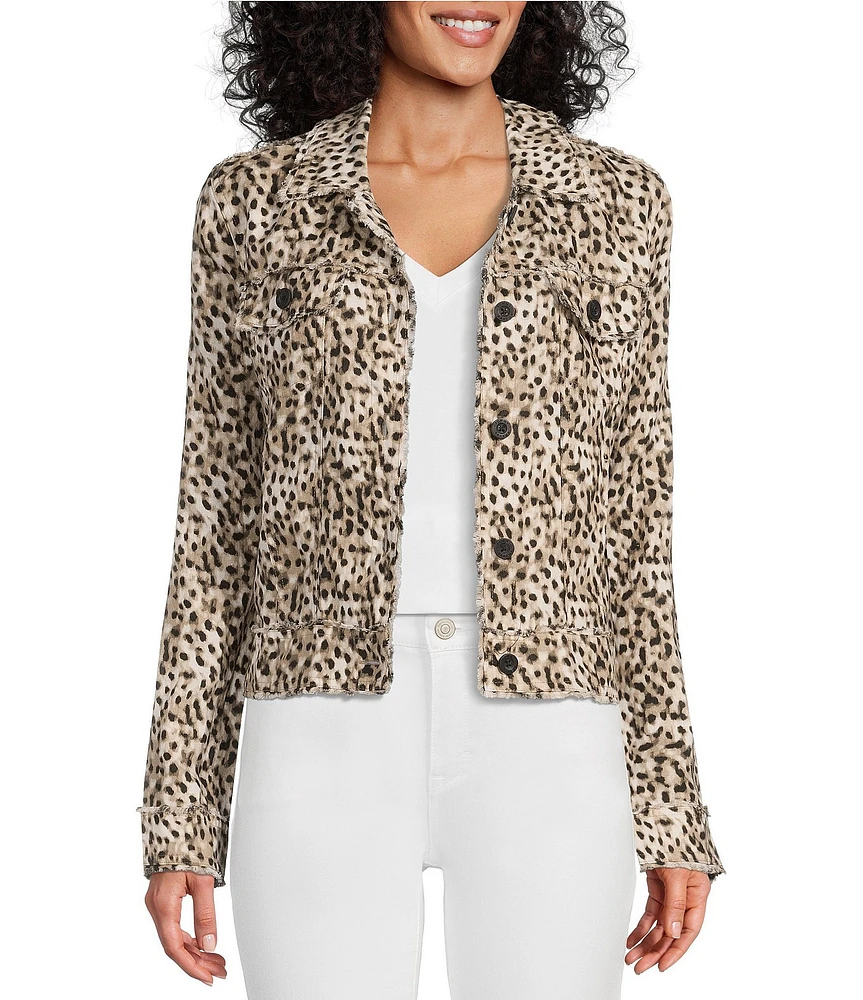 Tommy Bahama Leopard Print Linen Point Collar Long Sleeve Button Front Frayed Edge Cropped Jacket