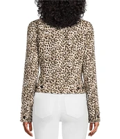 Tommy Bahama Leopard Print Linen Point Collar Long Sleeve Button Front Frayed Edge Cropped Jacket