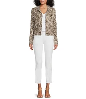 Tommy Bahama Leopard Print Linen Point Collar Long Sleeve Button Front Frayed Edge Cropped Jacket