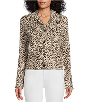 Tommy Bahama Leopard Print Linen Point Collar Long Sleeve Button Front Frayed Edge Cropped Jacket