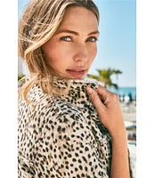 Tommy Bahama Leopard Print Linen Point Collar Long Sleeve Button Front Frayed Edge Cropped Jacket